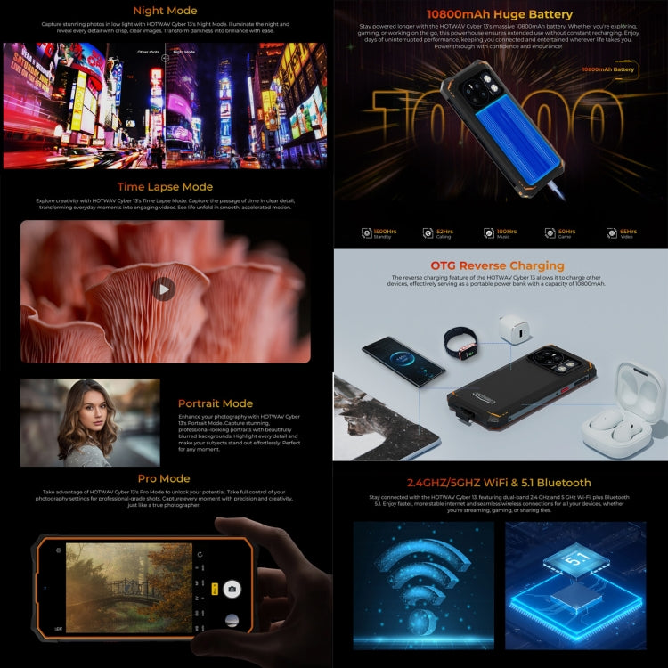HOTWAV CYBER 13, IP68/IP69K Rugged Phone, 8GB+128GB, 10800mAh, 6.6 inch Android 14.0 Unisoc T606 Octa Core, Network: 4G, NFC, OTG HOTWAV CYBER 13, IP68/IP69K Rugged Phone, 8GB+128GB, 10800mAh, 6.6 inch Android 14.0 Unisoc T606 Octa Core, Network: 4G, NFC, OTG